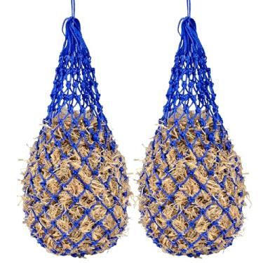 Imagem de CAMATET 2 peças de rede de feno de alimentador lento para cavalos, rede de feno extra grossa de 101,6 cm de alimentação lenta com furos de 5 cm, sacos pendurados para cabra e gado (azul