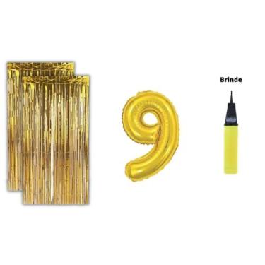 Imagem de Kit 2 Cortinas Metalizadas Balão Número+Bomba de Ar-Dourado - Partiufe