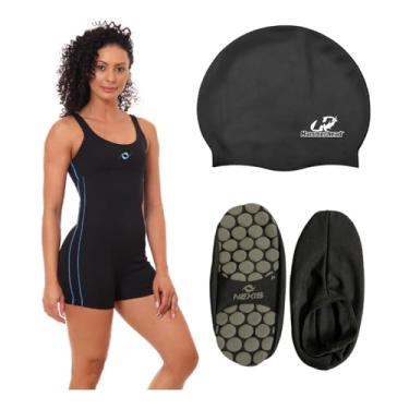 Imagem de Kit Macaquinho Maiô Natação Hidro Touca Silicone + Sapatilha (Sapatilha Preto G - Touca Preto, G)