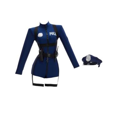 Imagem de haikyuu Conjunto de roupa de cosplay de policial sexy para mulheres, fantasia de polícia de Halloween com body, cinto, perna, liga, brinquedo walkie talkie chapéu (azul, GG)