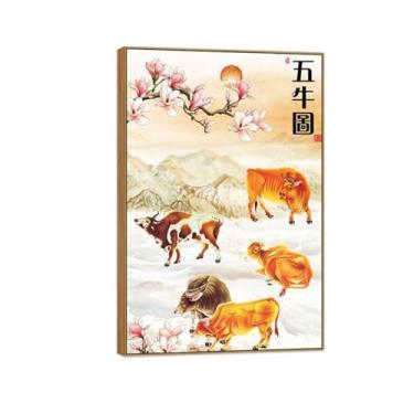 Imagem de BMZFYBS Imagens de paisagem-Chinoiserie Pintura de parede em tela - Flores Cinco Bois - Impressão em moldura de madeira para decoração de sala de estar 80 x 120 cm 31 x 47 pol