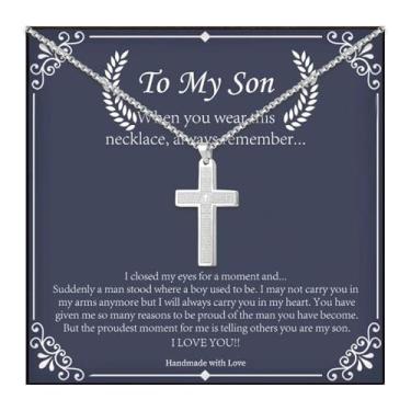 Imagem de Colar To My Son com pingente de cruz cristã cuidadosamente gravado, colar de oração do Senhor, presentes inspiradores de aniversário para filho, Aço inoxidável, Sem Pedra Preciosa
