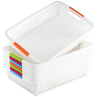 Imagem de Lawei Pacote com 8 cestas de plástico grande com alça – cesto organizador de despensa, cesto de armazenamento de papel de mesa para organização, bancadas, armários, quartos, banheiros (38,1 x 25,4 x 7,6 cm)