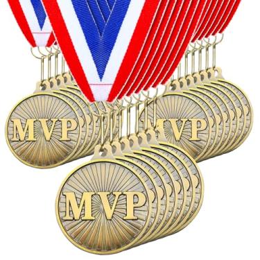 Imagem de Loetere 30 medalhas de prêmio MVP de 5 cm a granel com fitas de pescoço, troféu de campeão de ouro, jogador mais valioso para adultos, jogos, eventos esportivos, festas, prêmios, futebol, basquete