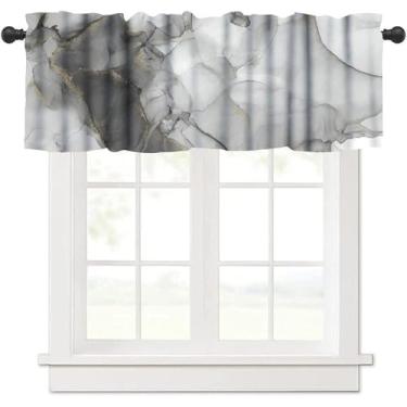 Imagem de Saia de mármore luxuosa, pintura abstrata de luxo com arte fluida preta cinza dourada textura blackout cortina de janela curta tratamento para cozinha, café, quarto, sala de estar, 137 x 45 cm