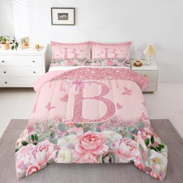 Imagem de jejeloiu Conjunto de edredom rosa dourado para crianças, meninos, meninas, tamanho solteiro, conjunto de cama com laço rosa, edredom personalizado com letra B, edredom com tema de letra rosa