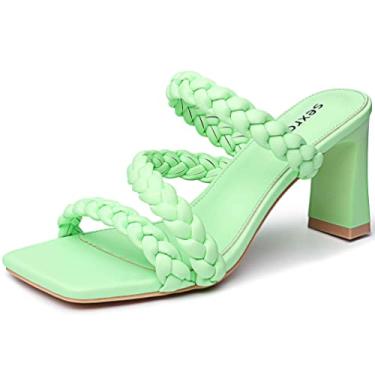 Imagem de Sandálias femininas trançadas salto quadrado bloco salto grosso mules slip on aberto costas abertas salto alto moda sexy vestido casamento chinelos, Verde, 10.5