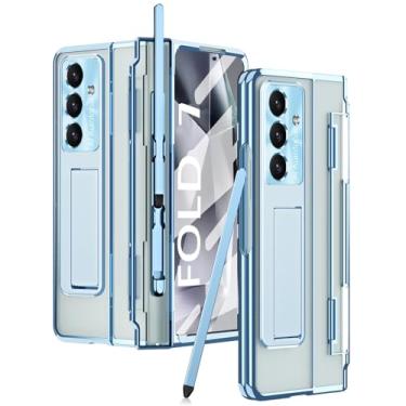 Imagem de PUROOM Capa transparente para Samsung Galaxy Z Fold 7 com suporte para caneta e S Pen protetor de tela integrado, suporte com tudo incluído, proteção de dobradiça transparente (azul)