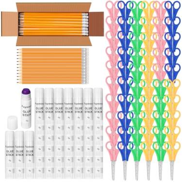 Imagem de Fuyoooo 180 peças de materiais escolares a granel 60 tesouras de ponta cega de segurança, 60 bastões de cola branca, 60 lápis de madeira afiados #2 HB com borrachas material de volta às aulas para