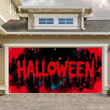 Imagem de HOMETITUTE Capa de porta de garagem de Halloween 4 x 1,8 m, faixa assustadora com estampa de mão assustadora, cenário de terror, pôster de tema de terror decorações de Halloween para quintal ao ar
