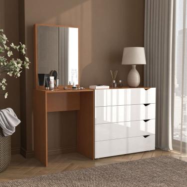 Imagem de Cômoda Penteadeira 4 Gavetas com Espelho Porto Freijó/Branco