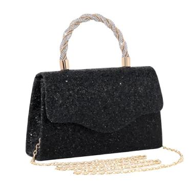 Imagem de JIAN YA NA Moda feminina dama de honra dama de honra menina noiva bolsa clutch noite para formatura, coquetel, casamento, noivado, Lantejoulas quadradas pretas, Small