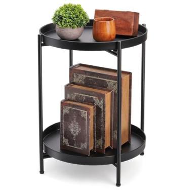 Imagem de Tebery Mesa lateral redonda de 2 níveis, mesa de canto dobrável de metal com bandeja removível, mesa decorativa compacta com destaque, mesa de centro para escritório, casa, apartamento, varanda, pátio