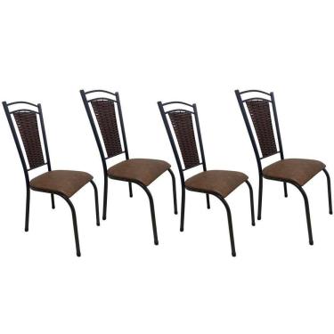 Imagem de Kit 4 Cadeira Paris De Cozinha Tubular Preto Aço Estofada Encosto Junco Marrom