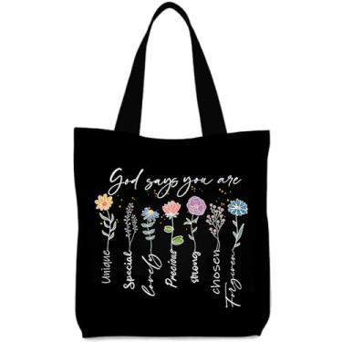Imagem de Kelxjia Pacote com 2 sacolas femininas de lona da Bíblia Cristã com bolsa de maquiagem Gods Says You Are Sacola Floral Estética, Preto, pacote com 1, One Size, Cristã