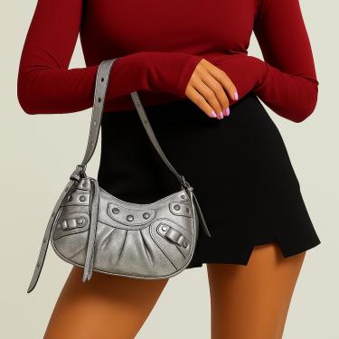 Imagem de Bolsa Feminina De Ombro Média Alça Ajustável Elegante Chic Meia Lua Baguete Star Shop Prata  feminino