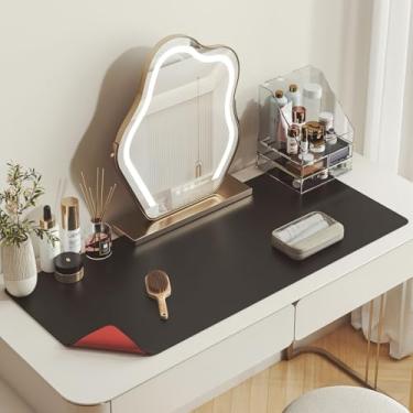 Imagem de DAWNTREES Tapete de maquiagem para penteadeira, 70 x 35 cm, tapete de couro de dupla face, fácil de limpar, à prova d'água e à prova de óleo, tapete de mesa para proteger a vaidade (preto - vermelho)