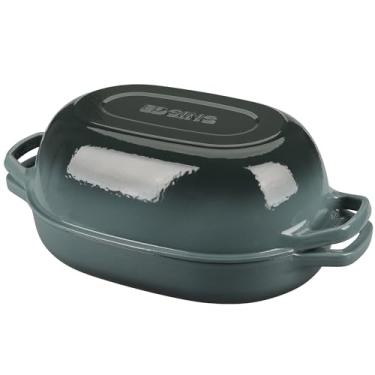 Imagem de EDGING CASTING Panela de forno holandês de ferro fundido esmaltado com tampa, forno holandês oval para assar pão, forno de pão para assar pão de fermento caseiro, 7 qt, slateblue