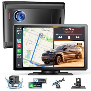 Imagem de Tela veicular sem fio HD de 23 cm para carro com Apple Carplay, Android Auto 4K Dash Cam e câmera de backup 1080P, controle de voz, GPS, DVR, chamada, música, mensagem, espelho, link Airplay/Android