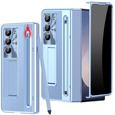 Imagem de YQODSZ Capa para Samsung Galaxy Z Fold 6 com suporte para caneta S e Stylus, capa de telefone dobrável de couro PU com protetor de tela de privacidade integrado, capa protetora fina para Z Fold 6 azul