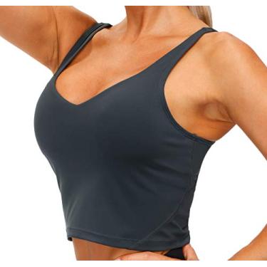 Imagem de Top esportivo Longline feminino, regata, sem aro, com bojo, suporte médio, para ioga, academia, corrida, treino (Cinza carvão, G)