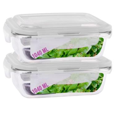 Imagem de Kit 2 Potes Hermetico  Vidro Transparente 1040ml Marmitas 4 Travas