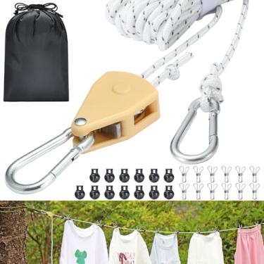 Imagem de Varal de viagem retrátil, linha resistente ajustável de 19 m com sistema de polia refletiva, ganchos e clipes inoxidáveis - Portátil para acampamento, cruzeiro, hotel, varanda e lavanderia ao ar livre