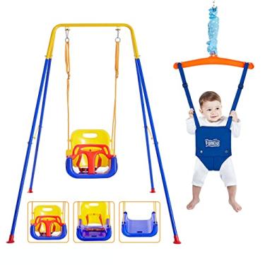 Imagem de FUNLIO 2 in 1 Swing Set for Toddler & Baby Jumper, Heavy Duty Kids Swing & Bouncer with 4 Sandbags, Foldable Metal Stand for Indoor/Outdoor Play, Easy to Assemble and Store