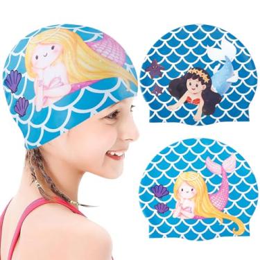 Imagem de Tivcck 2 toucas de natação infantis, touca de natação de silicone para meninos e meninas, toucas de natação para crianças, sereia, toucas de banho à prova d'água, mantêm o cabelo seco, chapéu de