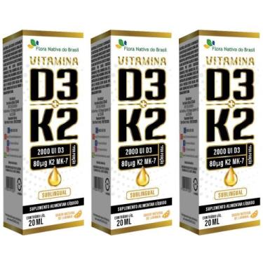 Imagem de KIT 3X Vitamina D3 + k2 Sublingual em Gotas 20ml - Flora nativa Sabor: