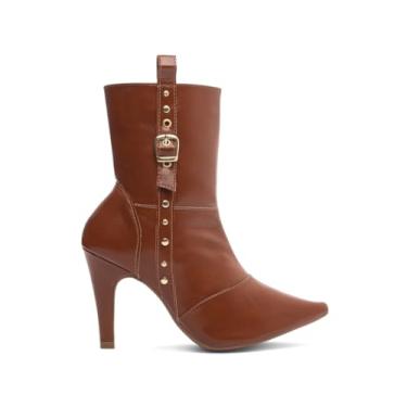 Imagem de Bota Cano Médio Salto Alto Stiletto 9cm Bico Fino Feminina com Ziper Fivelas e Apliques (Caramelo, 35)
