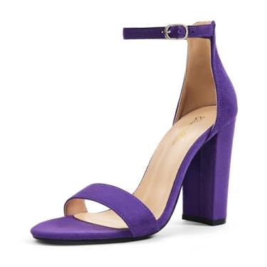 Imagem de GENSHUO Sandália feminina de salto alto grosso de 10 cm com tira no tornozelo, sapatos de festa e casamento, Camurça roxa, 38