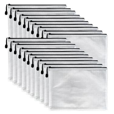 Imagem de Slomg Pacote com 20 bolsas de malha com zíper e bolso para etiquetas, pastas de arquivo com zíper de plástico preto de 33 x 23,8 cm, tamanho carta tamanho A4, organizador de documentos, estojo