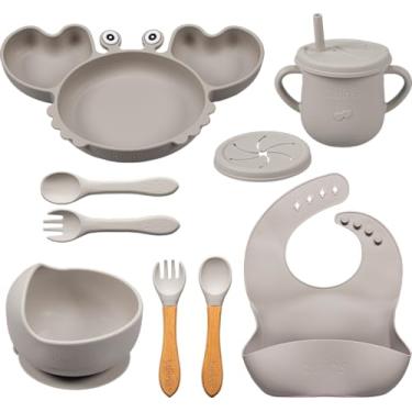 Imagem de Kit Alimentação Bebê Silicone Completo 9 Peças | Prato, Copo, Talheres, Babador | BLW, Livre de BPA, Antiderrapantee (CINZA)