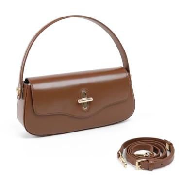 Imagem de MoreFather Bolsa tiracolo de couro legítimo, bolsa de mão com alça superior para mulheres, bolsa de ombro com alça ajustável, Marrom claro, Bonito