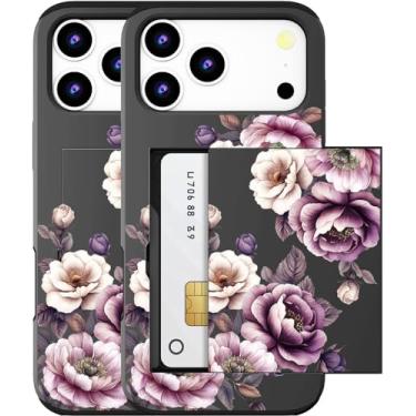 Imagem de MUQR Capa compatível com Phone 17 Pro com porta-cartão fofo - Design Kawaii Proteção contra quedas de grau militar Capa carteira robusta para mulheres (flores rosas pretas e rosas)