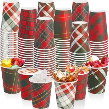 Imagem de Zhehao 300 peças de copos descartáveis de Natal de 227 g, xícara de café de papel xadrez vermelho verde para bebidas quentes e frias, chocolate, chá, cacau, Natal, festa, xadrez, decoração de mesa