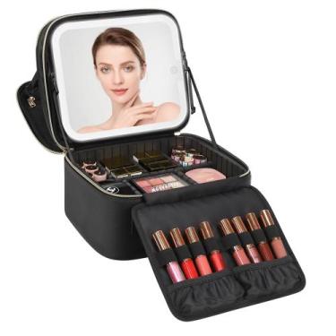 Imagem de Bolsa de maquiagem Relavel com espelho LED recarregável preta