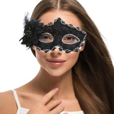 Imagem de Máscara Cobertura Olhos Strass e Flor Festa Show Baile Gala Eventos Fe