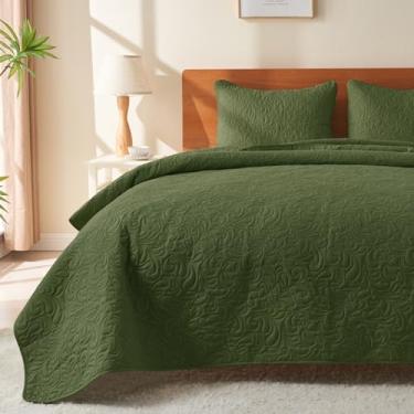 Imagem de JYHOPE Conjunto de cama de solteiro, edredom de verão, 1 edredom e 2 fronhas, colcha de microfibra leve e macia para todas as estações (estampa floral - verde-oliva, king (102 x 90))
