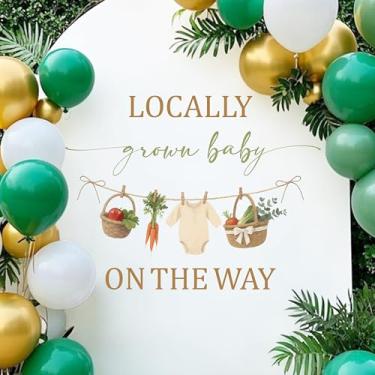 Imagem de Hzbcxs Decalque Locally Grown Baby on The Way - Decorações de chá de bebê do mercado de fazendeiros de frutas e vegetais - Decorações de festa de anúncio de gravidez marrom e verde