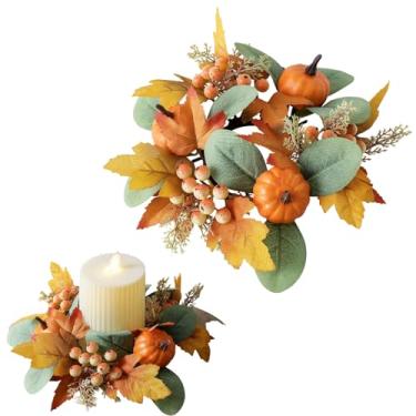 Imagem de Anel de vela artificial para o outono de Ação de Graças, folhas de bordo, frutas e abóboras, suporte de vela de outono, guirlanda decorativa para dia de Ação de Graças, colheita, casa de fazenda, mesa