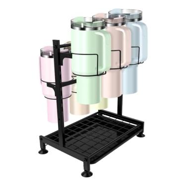 Imagem de Organizador de garrafa de água com bandeja de drenagem, organizador de altura ajustável, resistente à ferrugem, suporte multifuncional de armazenamento de copos para armário (preto)