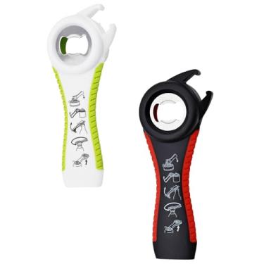 Imagem de Pacote com 2 abridores de garrafas 5 em 1, abridor de tampa multifunções de fácil aderência para idosos, aderência fraca e força da mão, acessórios de cozinha doméstica (preto/vermelho, branco/verde)