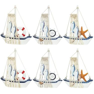 Imagem de dedoot 6 peças em miniatura de barco à vela de madeira, decoração náutica feita à mão, decoração de barco à vela de madeira para enfeite de mesa, adereços de fotos, decoração de festa e quarto