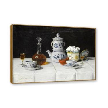 Imagem de NHLDZYH Moldura externa de teca. Famosas pinturas a óleo, (Still Life with Coffee 2) de Albrecht Anker, reprodução impressa em tela, arte de cenário para decoração de sala de estar. 50 x 70 cm - 19,6