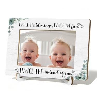 Imagem de HSIASHENG Porta-retrato para mãe gêmea, presente para papai, 10 x 15 cm, porta-retratos para bebês, duas vezes as bênçãos duas vezes mais divertidas, molduras para fotos de 10 x 15 cm, para decoração