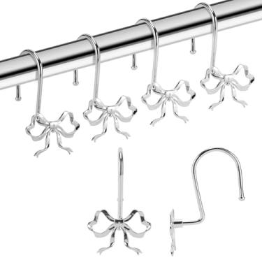 Imagem de YanKiTour Ganchos de cortina de chuveiro, pacote com 12 anéis decorativos de metal, design de nó de laço à prova de ferrugem para banheiro, quarto, sala de estar, quarto de bebê, berçário, decoração