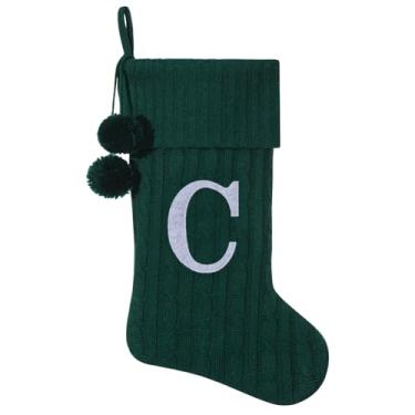 Imagem de Pxniy Meia de Natal personalizada de 48 cm - malha verde com monograma bordado e pompons, cabide de lareira familiar para decoração de férias, letra verde C