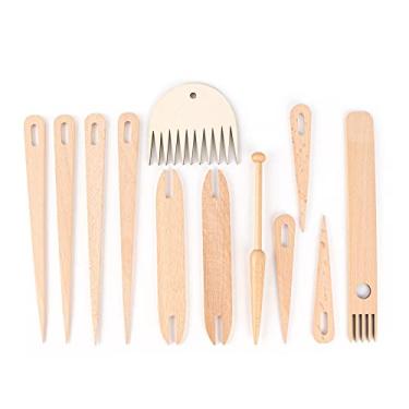 Imagem de AUEAR, Conjunto de 12 bastões de madeira para tear de mão, agulhas de tricô de olho grande e lançadeiras de madeira, pente de tecelagem de madeira para artesanato de tricô DIY